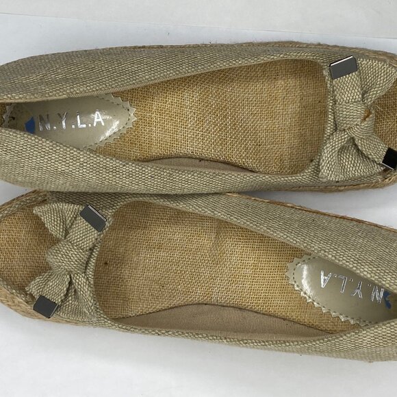 N.Y.L.A. Light Tan Women Size 7.5 Espadrilles Wedges Bow Open Toe Shoes - Picture 8 of 10